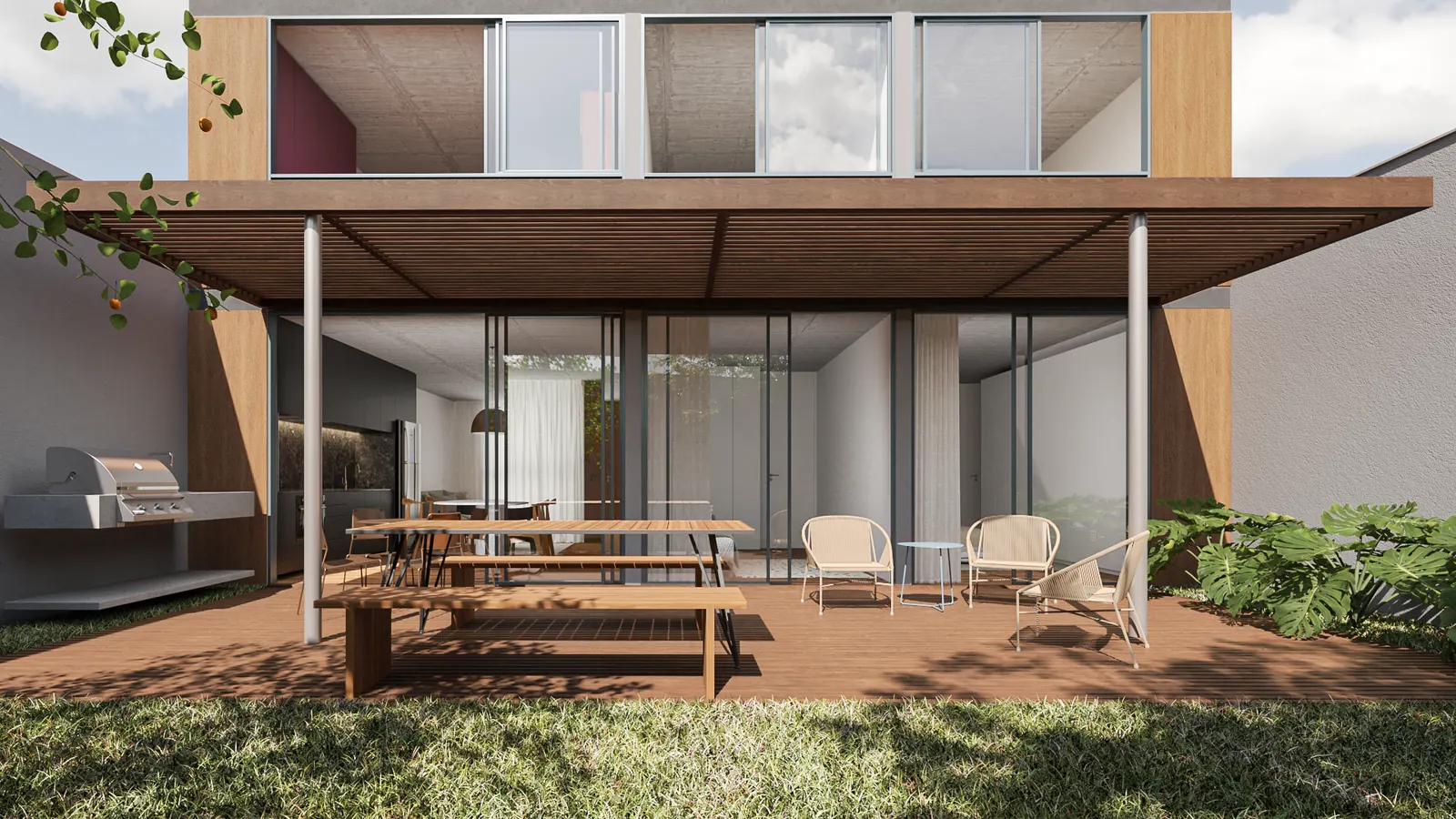 Preliminary render of the deck with pergola, table and barbecue at AMORA Alto de Pinheiros II