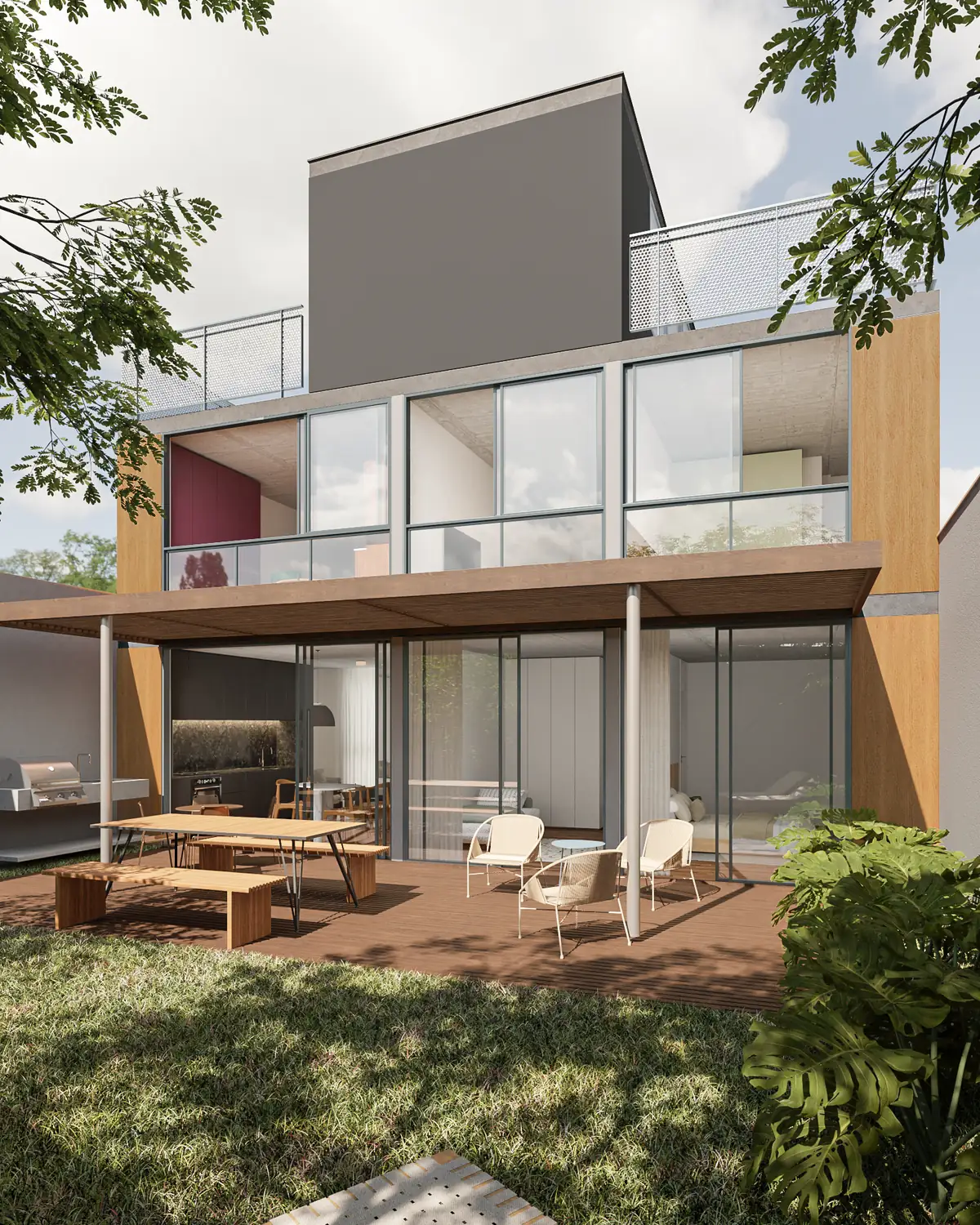 Preliminary render of the back of the AMORA Alto de Pinheiros II Building, with garden, deck and pergola