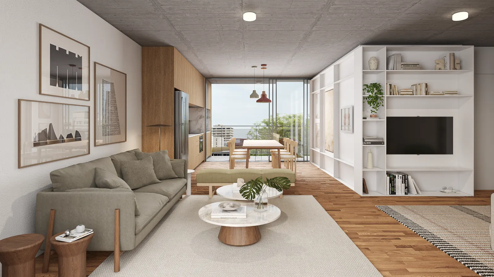 Preliminary render of a living room with kitchen and balcony at AMORA Alto de Pinheiros II