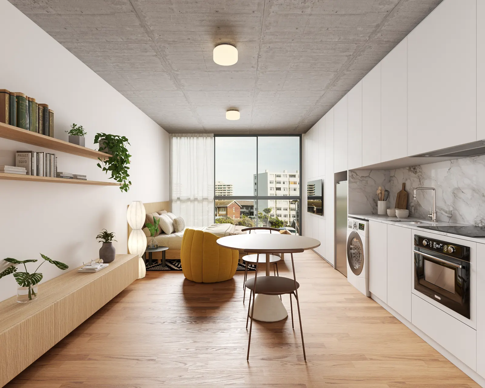 Preliminary render of a furnished studio with full kitchen at AMORA Alto de Pinheiros II