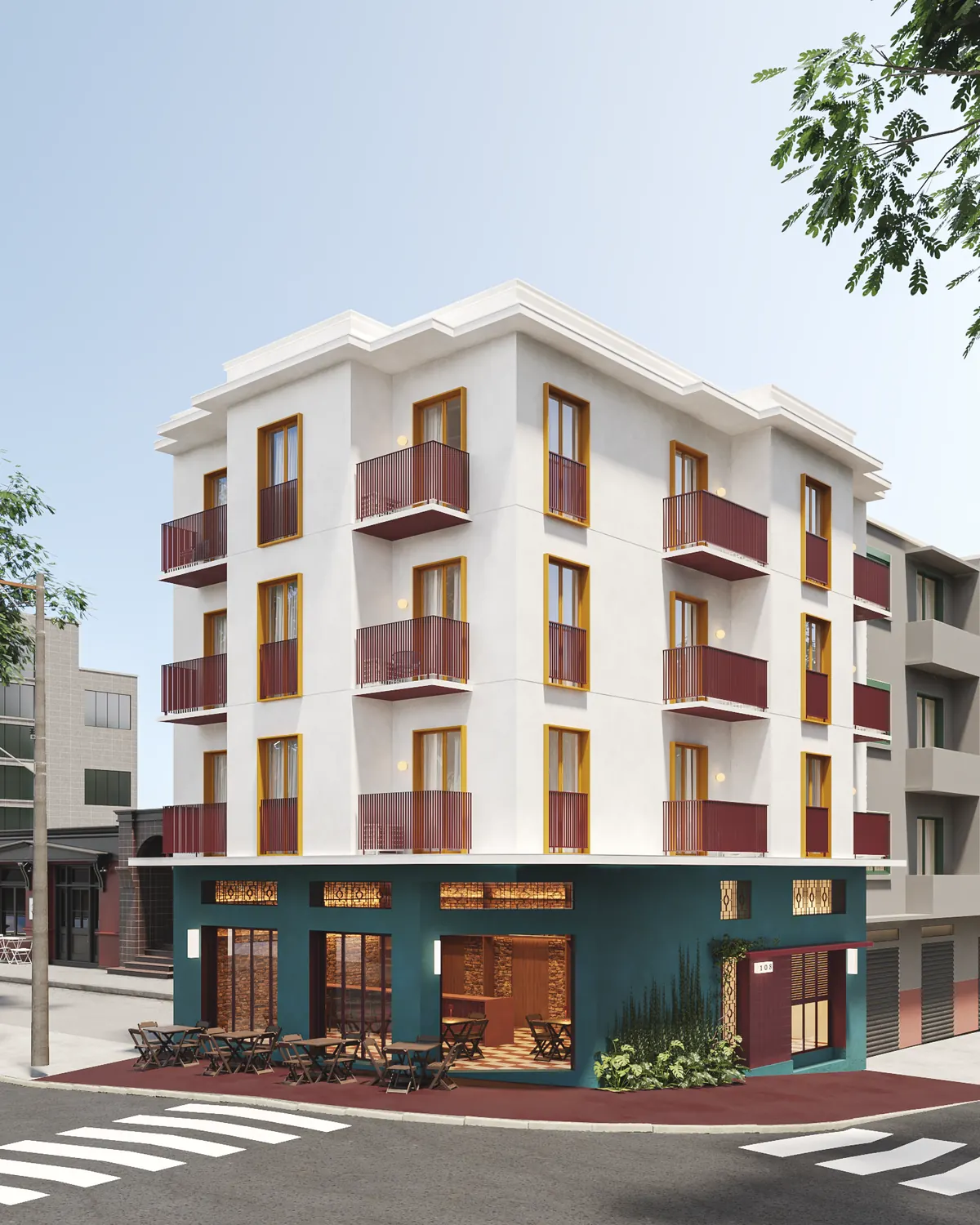 Preliminary render of the corner façade of the AMORA Vila Romana Building, with red balconies and yellow window frames