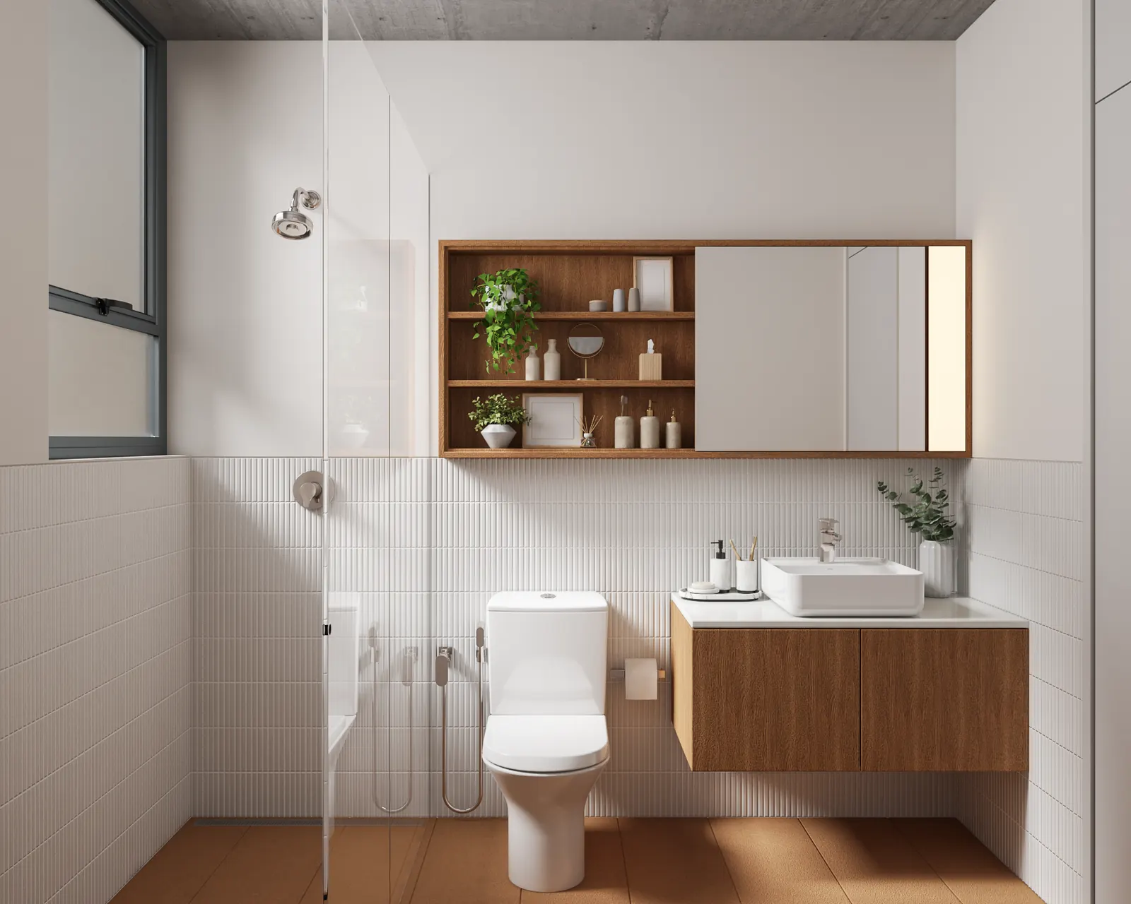 Render preliminar de banheiro com marcenaria em madeira na AMORA Alto de Pinheiros II
