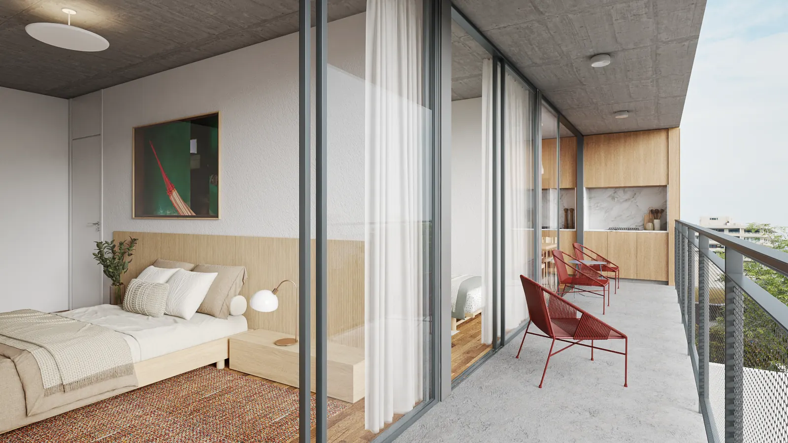 Render preliminar de dormitório com acesso à varanda na AMORA Alto de Pinheiros II