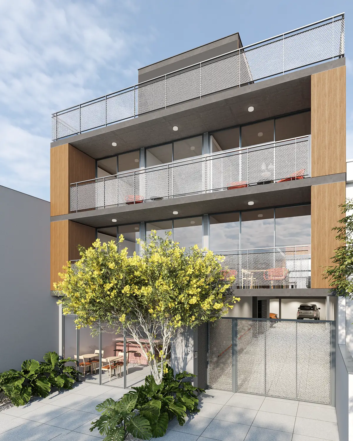 Render preliminar da fachada da Unidade AMORA Alto de Pinheiros II, com painéis de madeira, varandas e árvore florida
