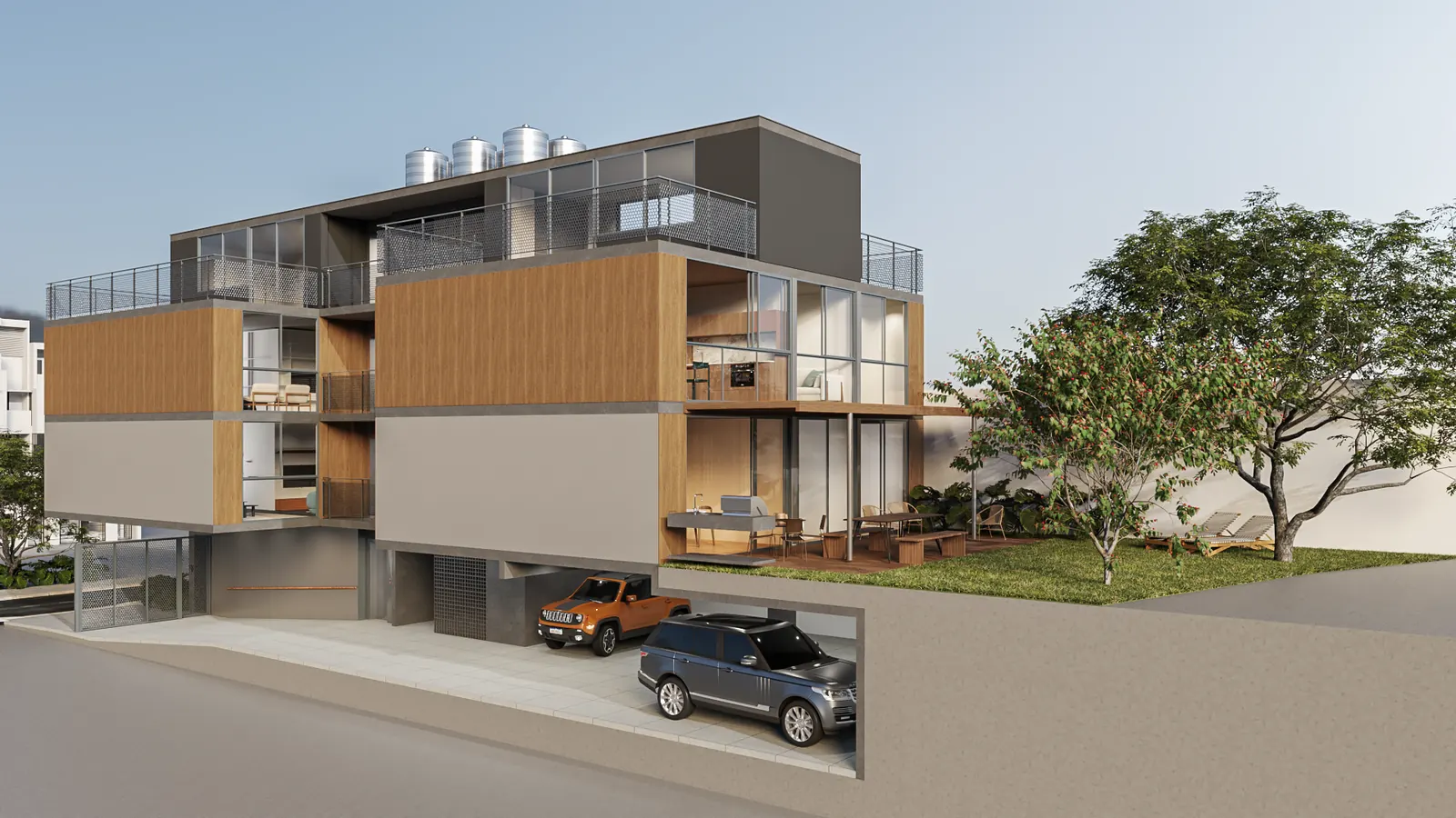 Render preliminar em perspectiva do prédio AMORA Alto de Pinheiros II, com garagem e jardim