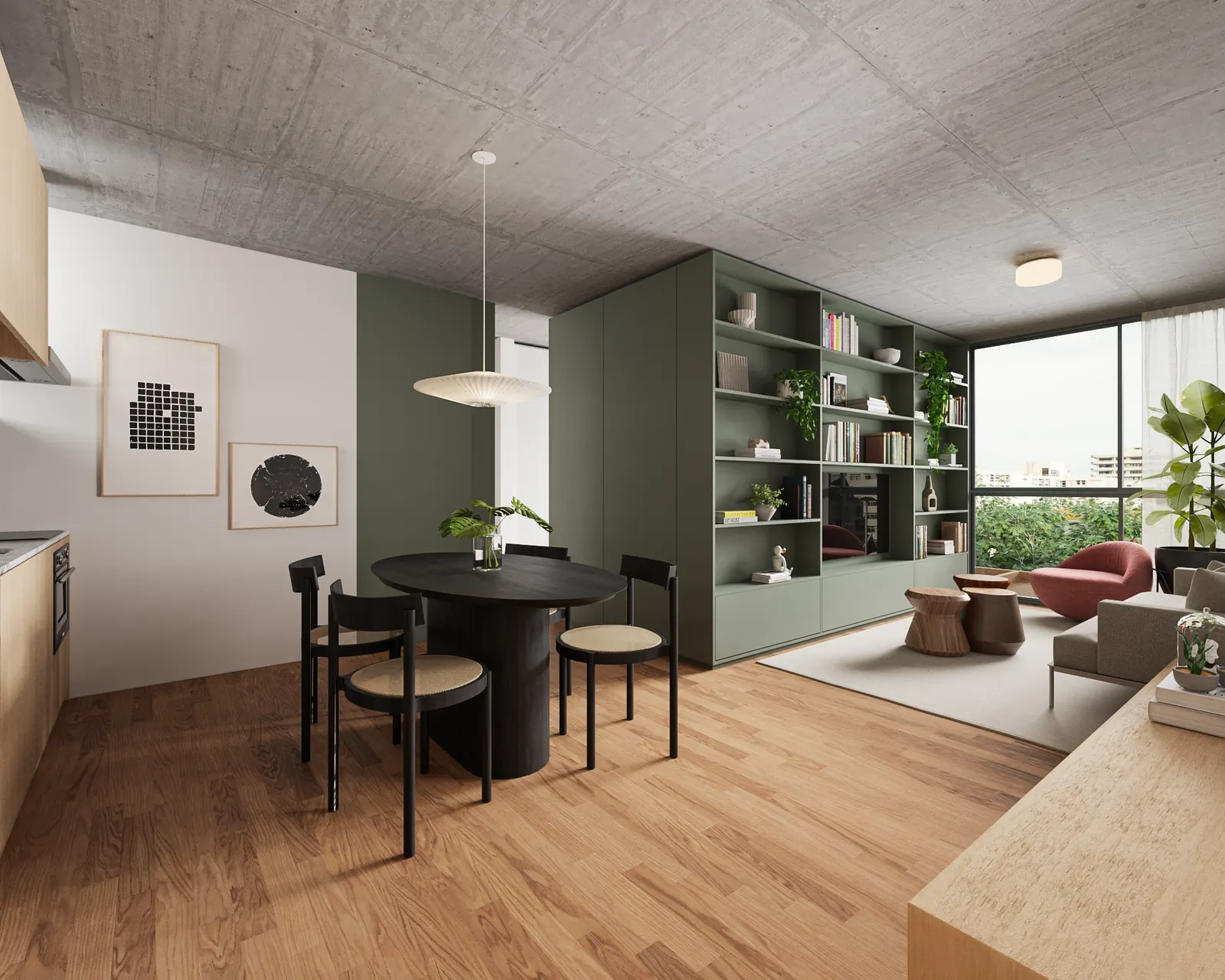 Render preliminar de sala de jantar e estar com estante verde na AMORA Alto de Pinheiros II