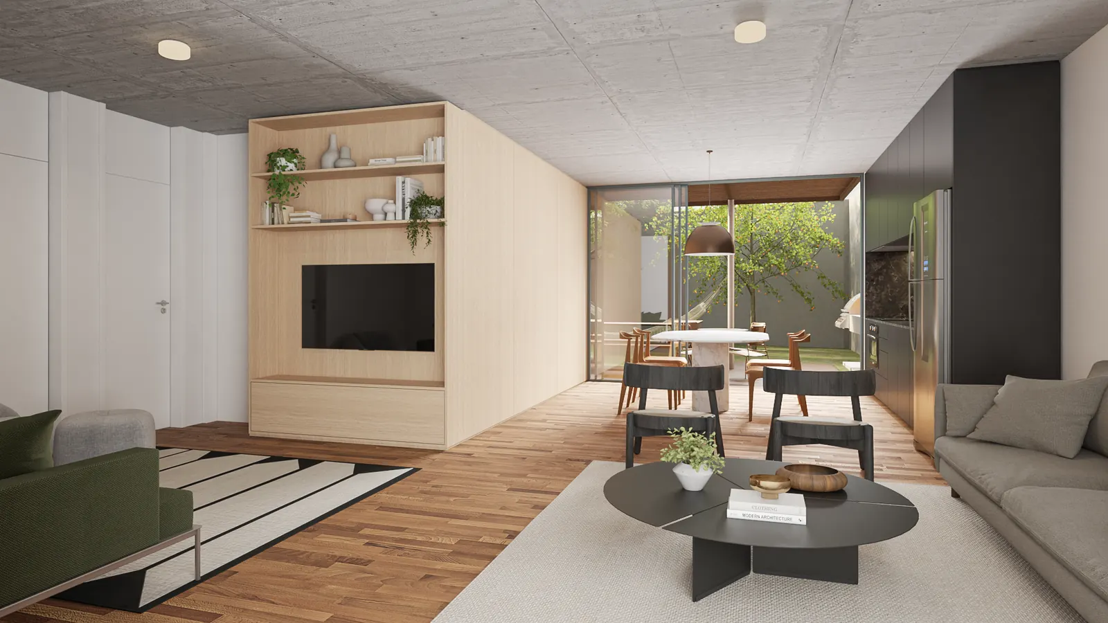 Render preliminar de sala e cozinha integradas com vista para o jardim na AMORA Alto de Pinheiros II