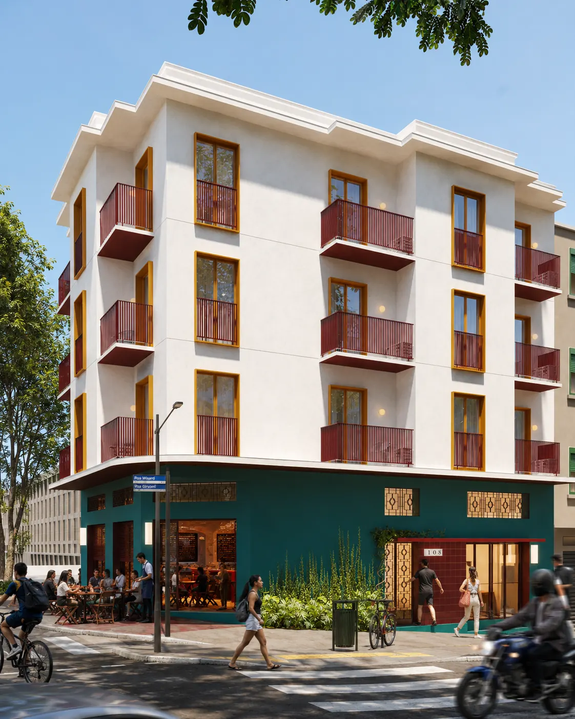 Render preliminar da AMORA Vila Romana vista da rua, com pedestres e ciclistas