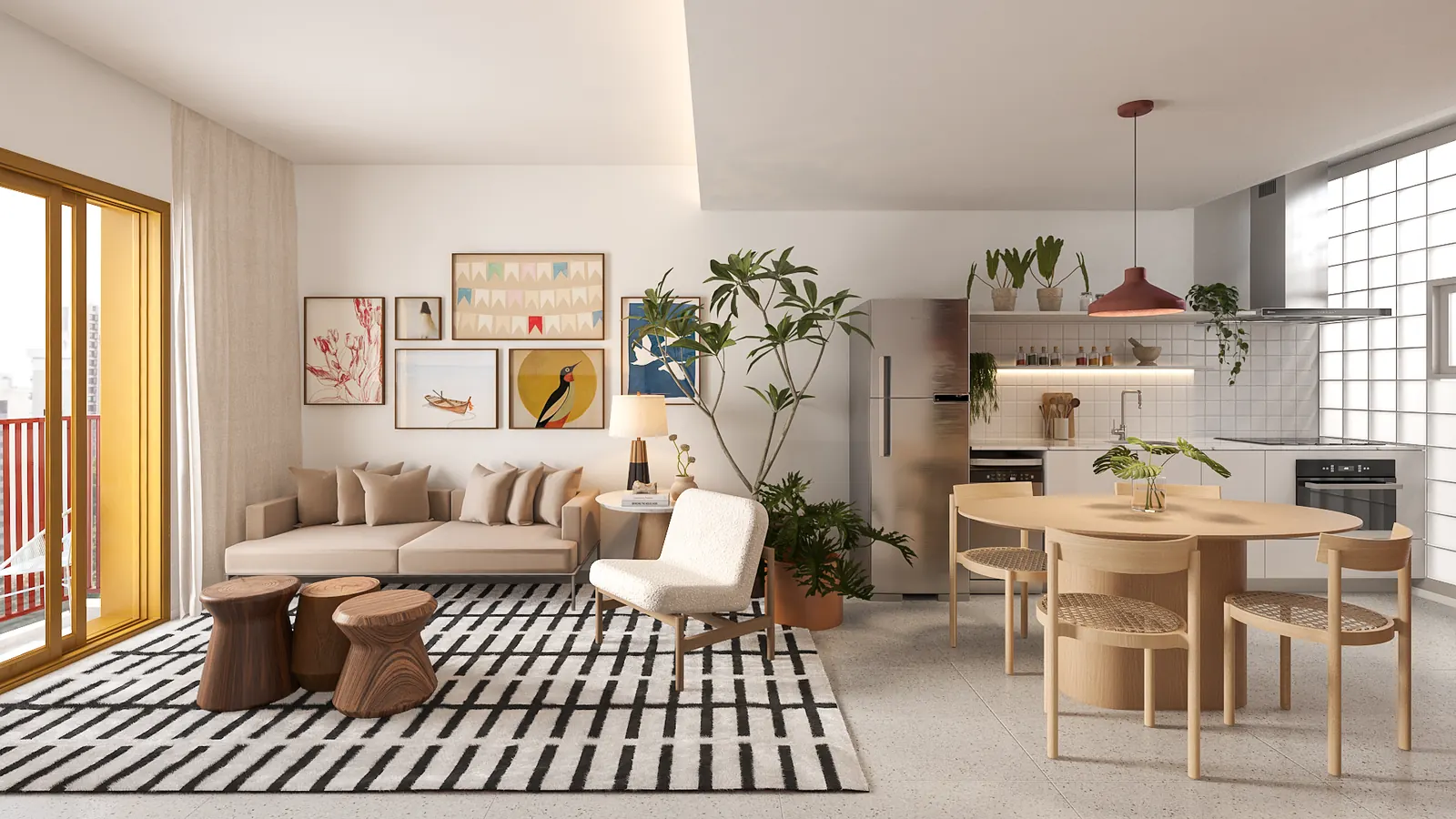 Render preliminar de sala e cozinha integradas em apartamento mobiliado da AMORA Vila Romana