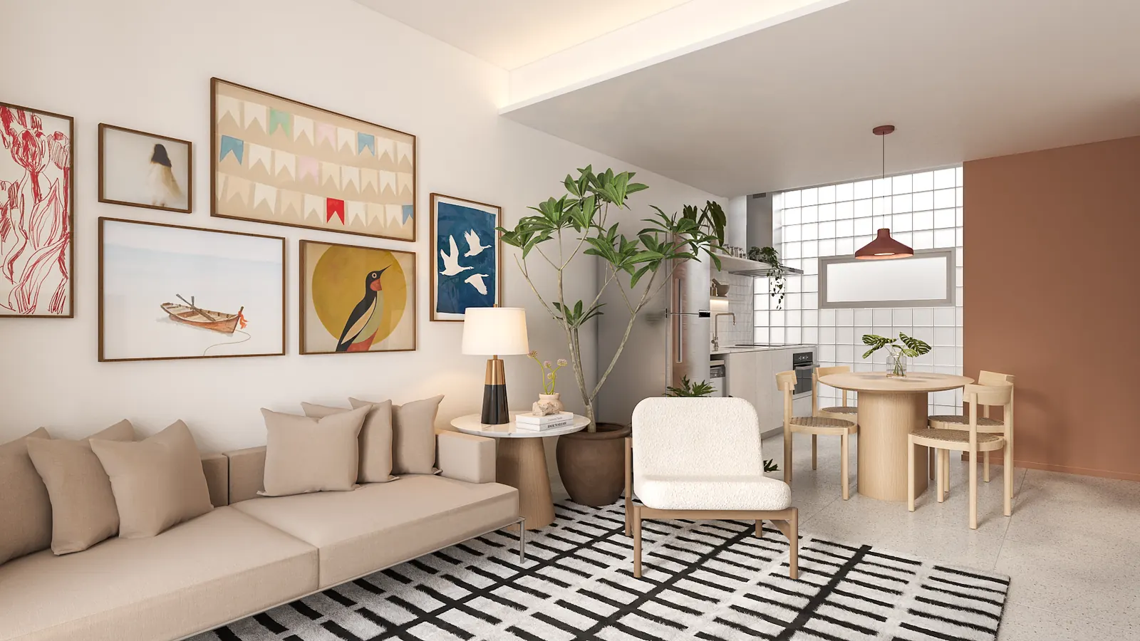 Render preliminar da sala de estar com sofá, poltrona e quadros na AMORA Vila Romana